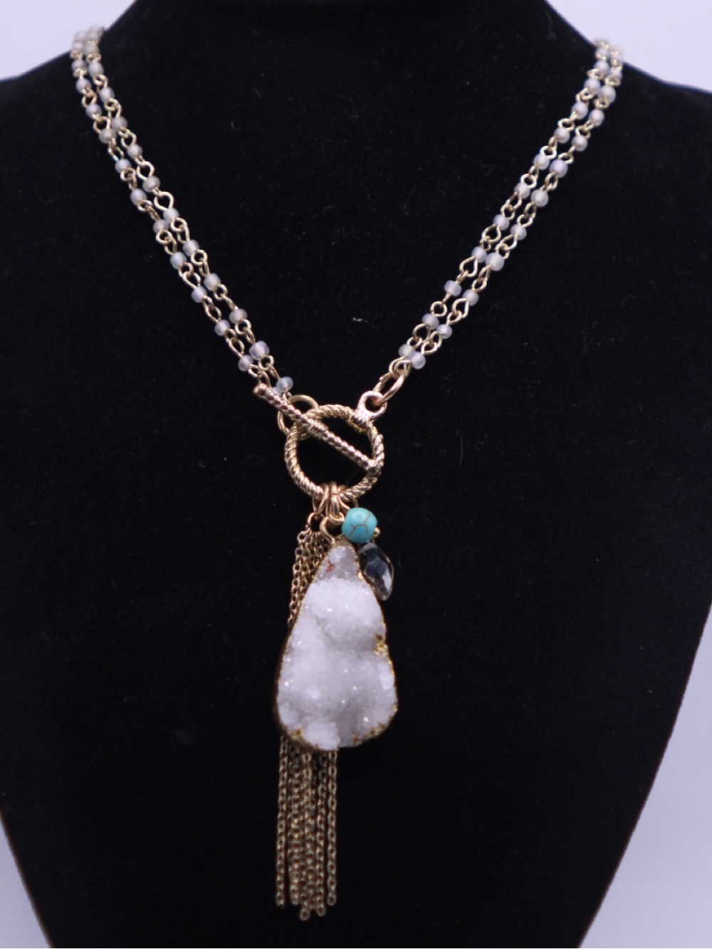 Gold-Tone White Druzy Tassel Pendant Necklace with Crystal & Turquoise Accent